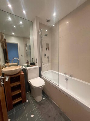 Hair dryer, towels, soap, toilet paper