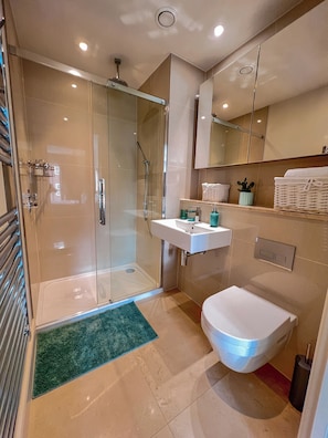 Eco-friendly toiletries, hair dryer, towels, soap