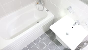 Hair dryer, bidet, towels, soap