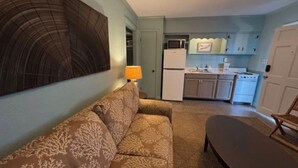 Un espacio habitable compacto con sofá, una mesita, una lámpara y una kitchenette equipada con refrigerador, microondas y estufa.