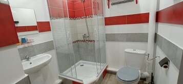 Un baño con ducha envuelta en vidrio, un lavamanos y un inodoro.