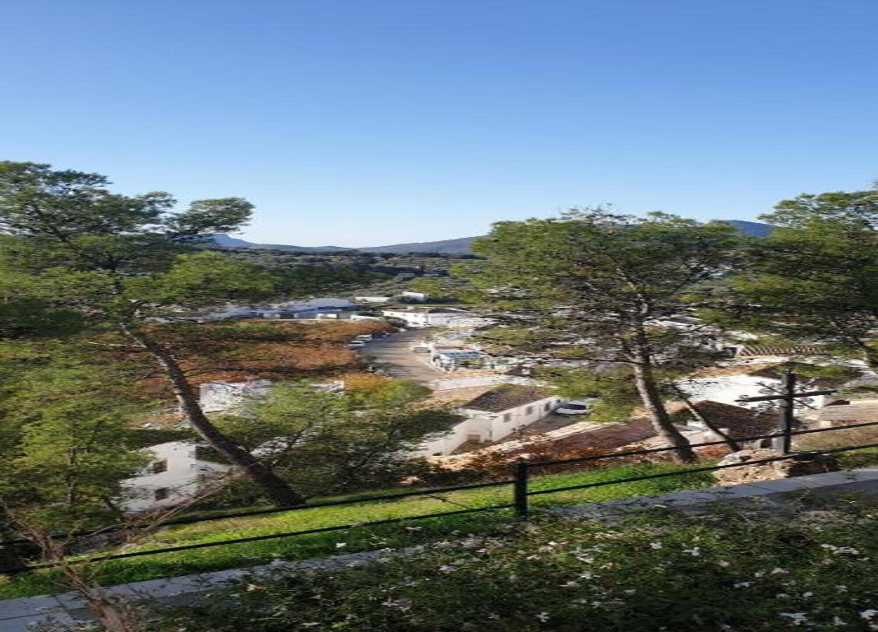 A view of a town with buildings, trees, and a clear sky.