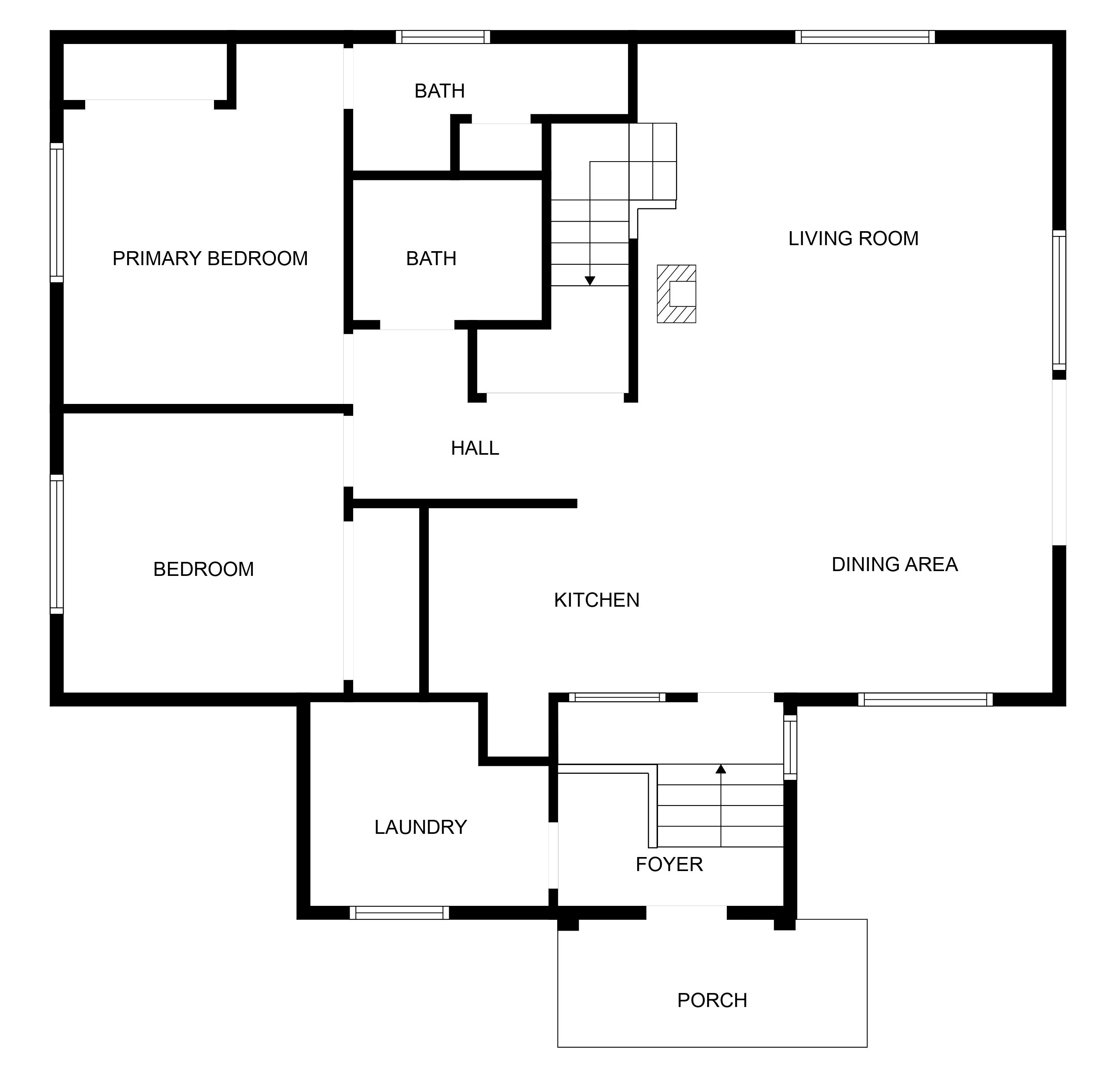 Een plattegrond van een huis met een hoofdslaapkamer, logeerkamer, badkamer, woonkamer, eetgedeelte, keuken, wasruimte, hal en veranda.
