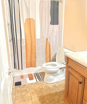 Hair dryer, towels, soap, toilet paper