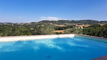 Seasonal outdoor pool, pool umbrellas, pool loungers