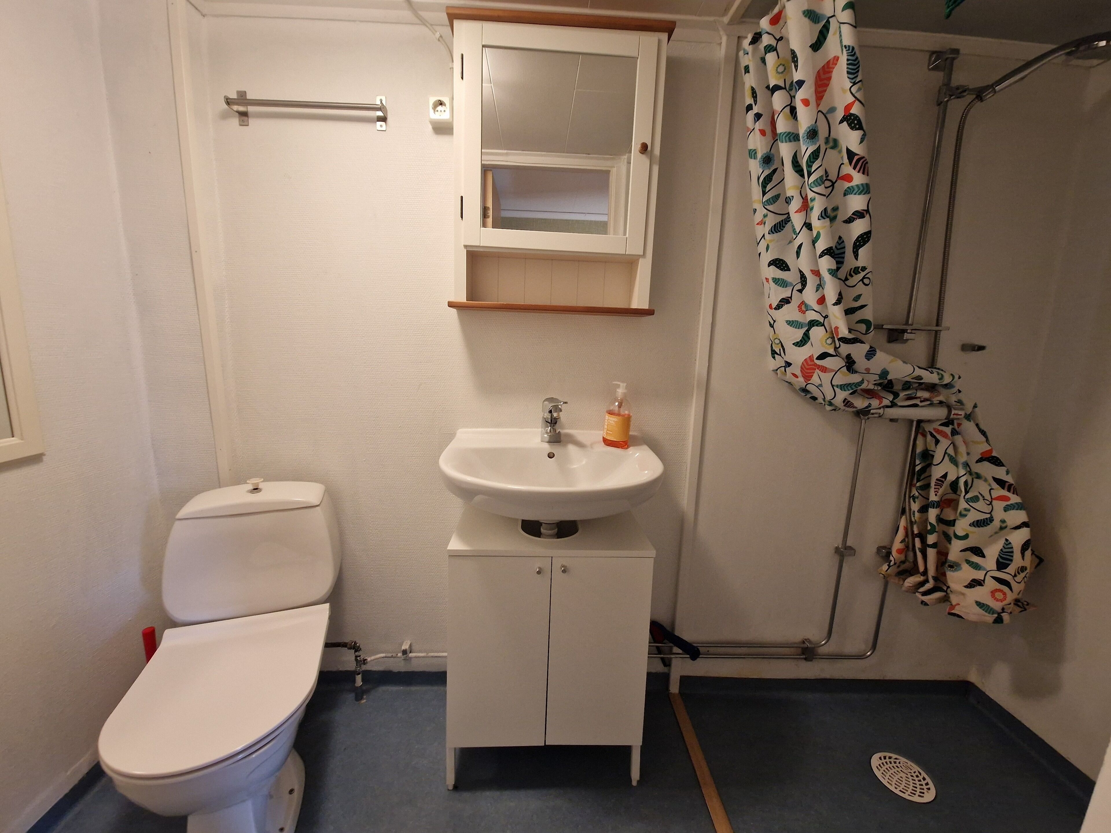 Shower, towels, soap, toilet paper