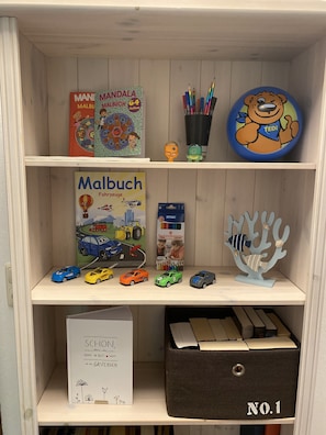 Shelves display a collection of books and toys.