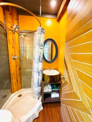 Shower, towels, soap, shampoo