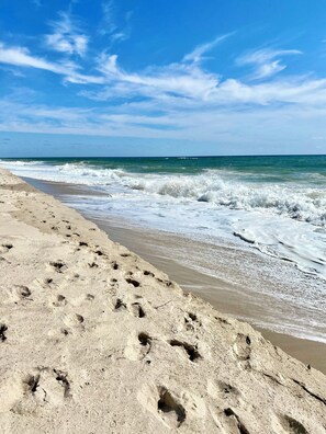 A sandy beach with footprints leading to the water, a clear sky, and waves crashing onto the shore. - Renovated 3-Bedroom Cape with Private Backyard in Ideal Orleans Location (Orleans)