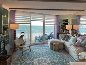 Smart TV, fireplace, books, computer monitors