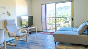 A modern living room with a sofa, a chair, a TV, and a balcony with a view of the mountains.