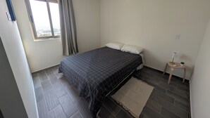 A bedroom with a bed, a window with curtains, a bedside table with a lamp, and a small potted plant.