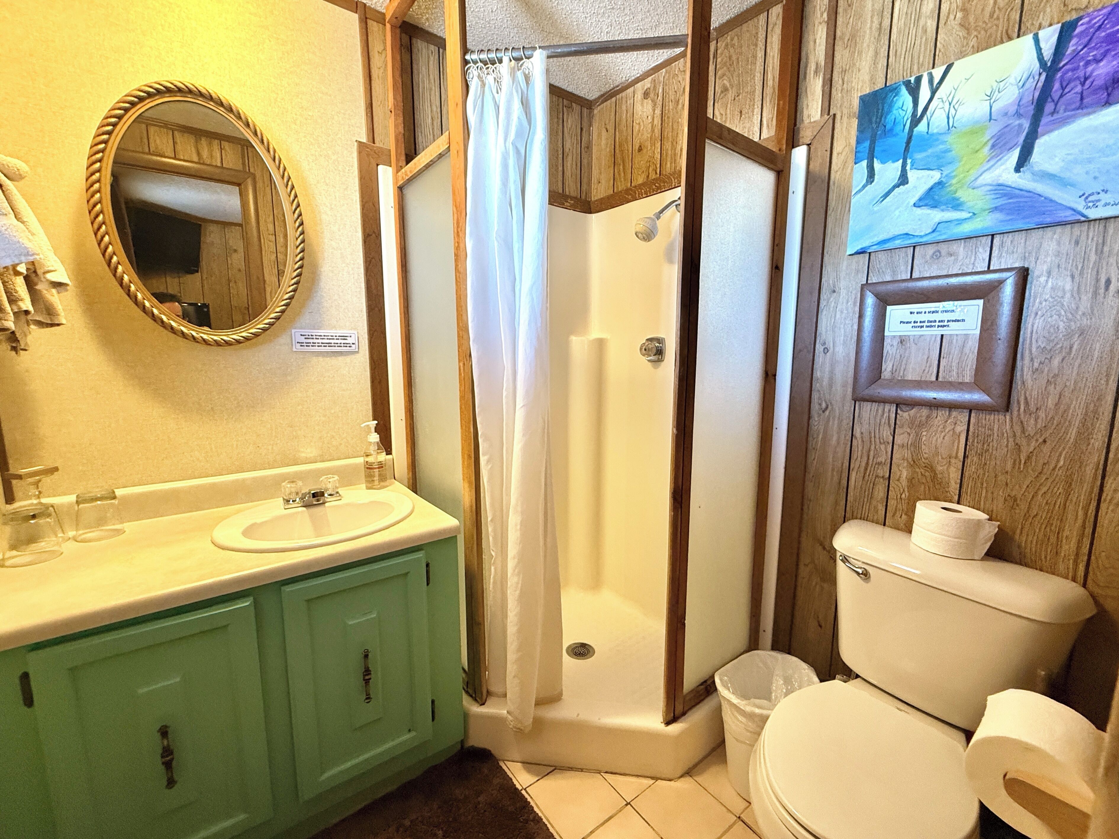 Habitación individual económica | Baño | Regadera, toallas, jabón, papel de baño 