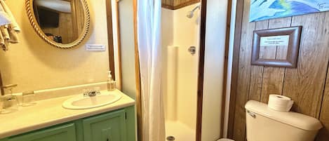Un baño con ducha, inodoro, lavabo y espejo.