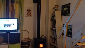 Ein gemütliches Zimmer mit Fernseher auf Holzständer, einem Korbwannenstuhl, einem Bücherregal und einem kleinen Kamin.