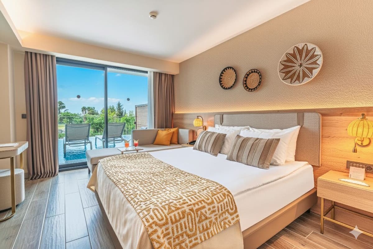 A hotel room with a large bed, a desk, a chair, and a view of the outdoors.