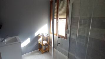 Shower, towels, toilet paper