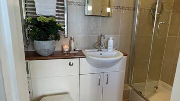 Hair dryer, towels, soap, toilet paper