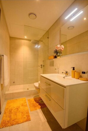 Superior-Apartment, Balkon, Stadtblick | Badezimmer | Dusche, Bademäntel, Handtücher, Seife