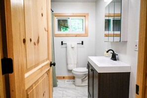 Hair dryer, towels, soap, shampoo