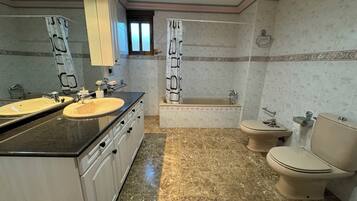 Shower, hair dryer, bidet, towels