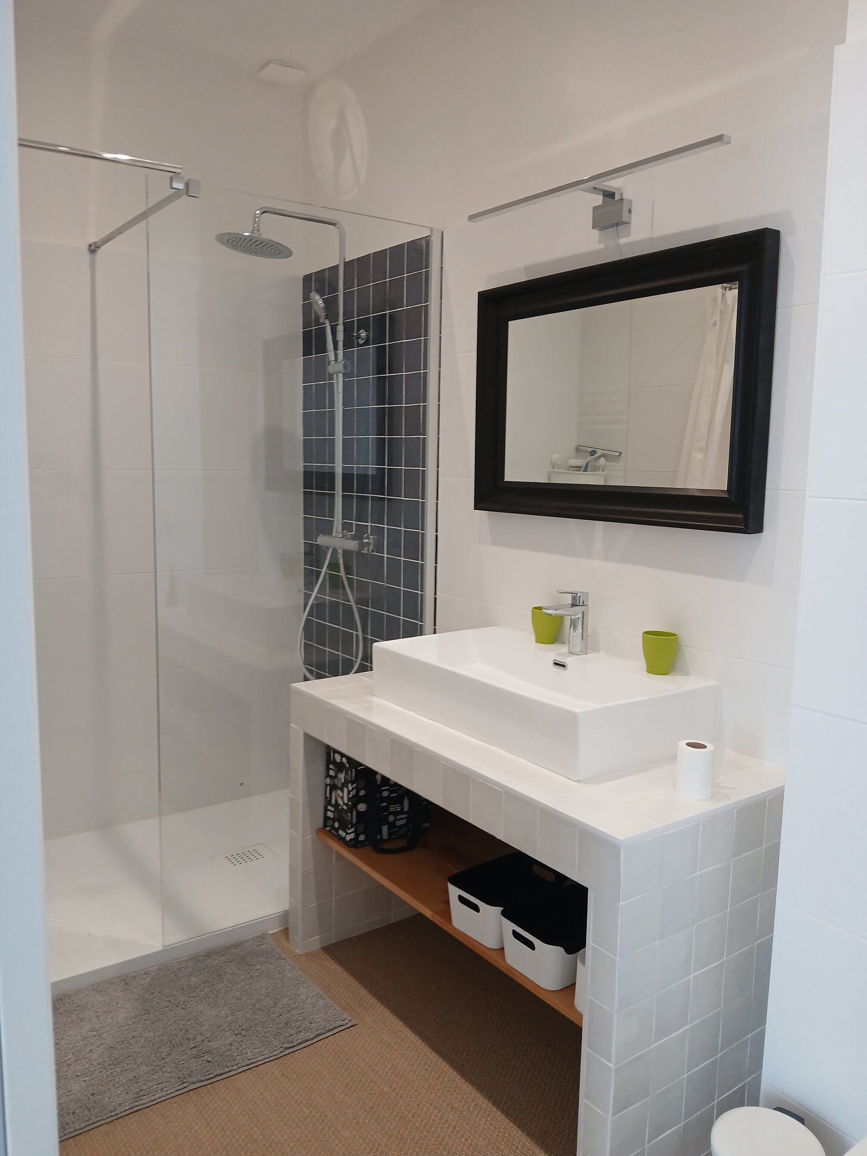 Un baño moderno con ducha envuelta en vidrio, un lavamanos blanco y un espejo con marco negro, además de un inodoro.