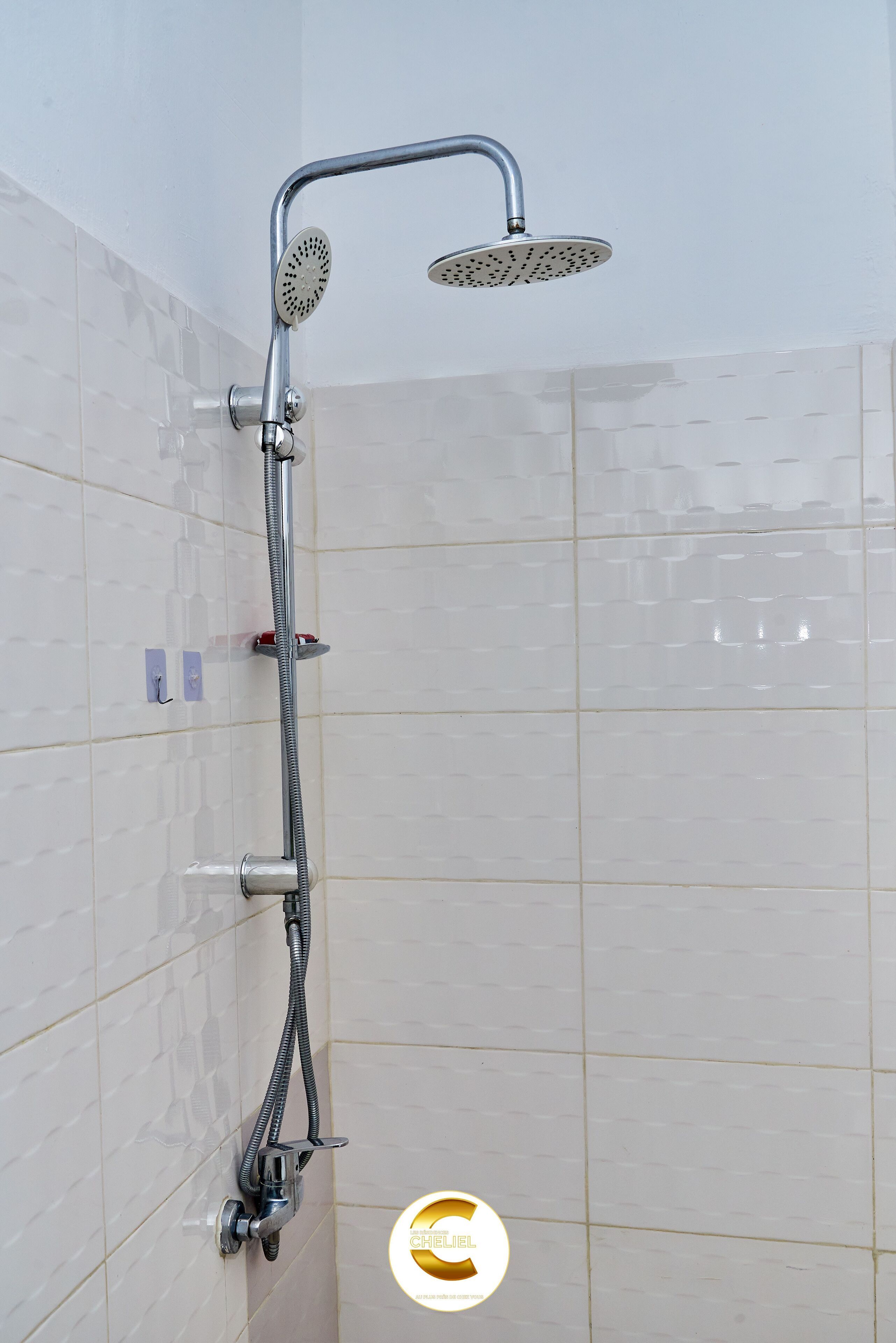 Shower, towels, soap, toilet paper