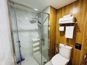 Hair dryer, bidet, towels, soap