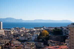A coastal cityscape with dense urban buildings, a prominent dome structure, and a clear view of the sea and distant mountains. - NA Bella Vista Rooftop-B&B  (Naples)