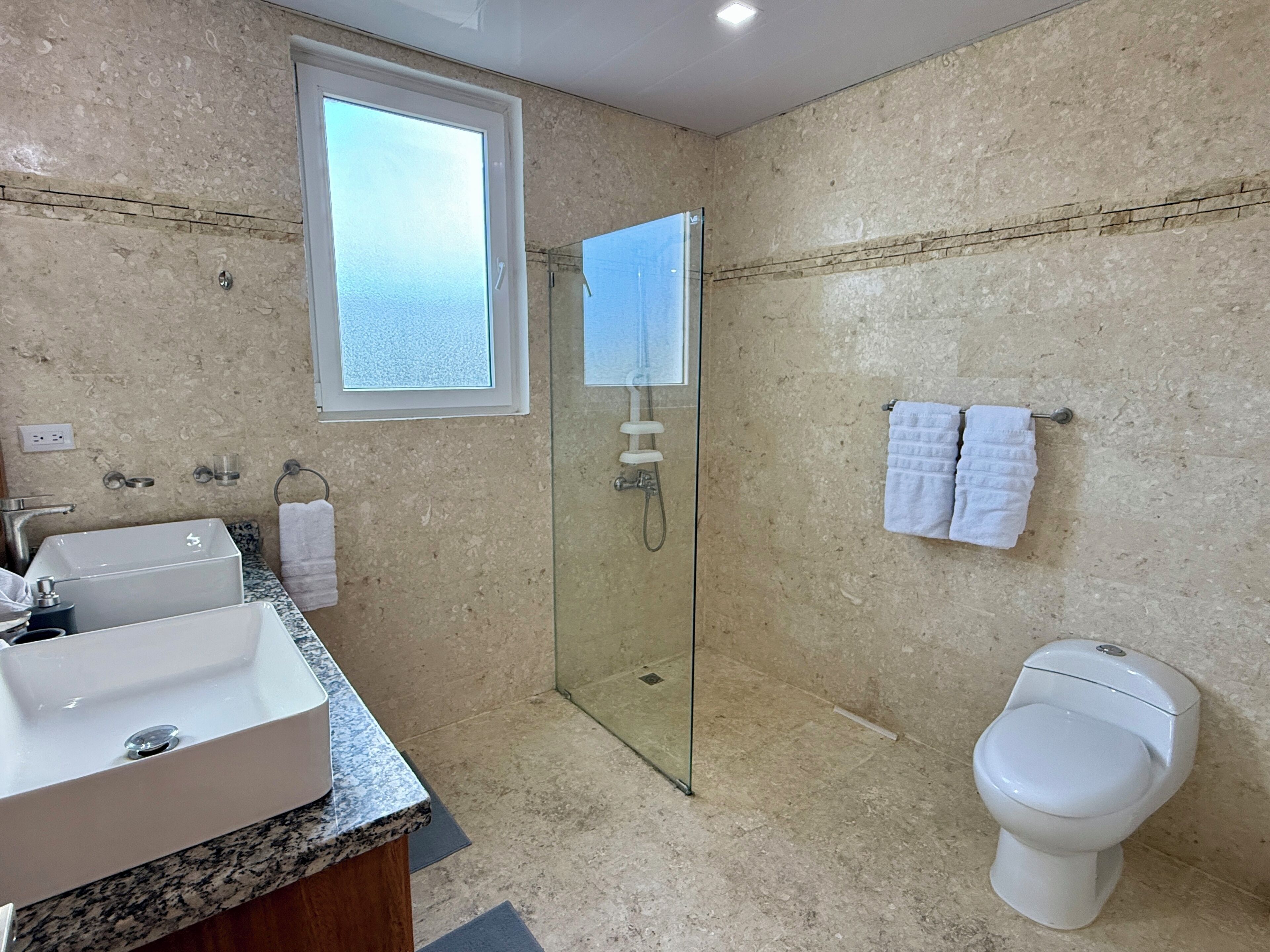 Un baño con ducha de vidrio, tocador doble y un inodoro.