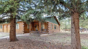 A log cabin with a porch and two chairs, surrounded by trees and pine cones on the ground.