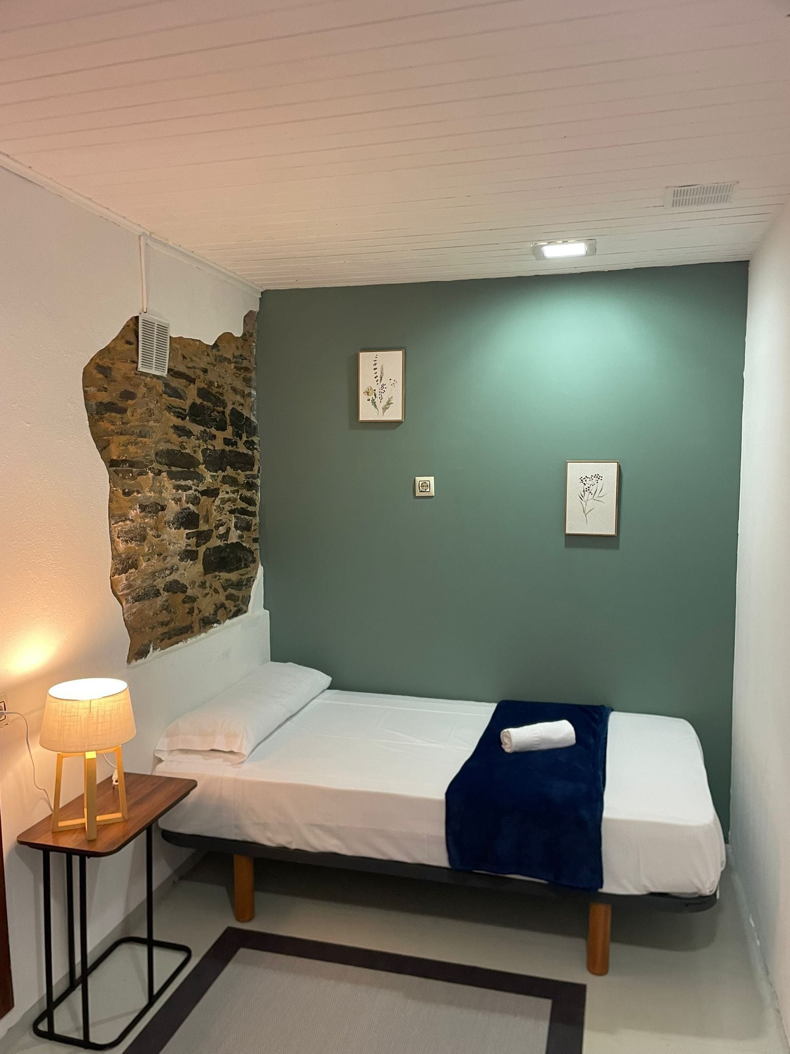 A single bed with a blue blanket, a bedside lamp, and two framed botanical prints on the wall.
