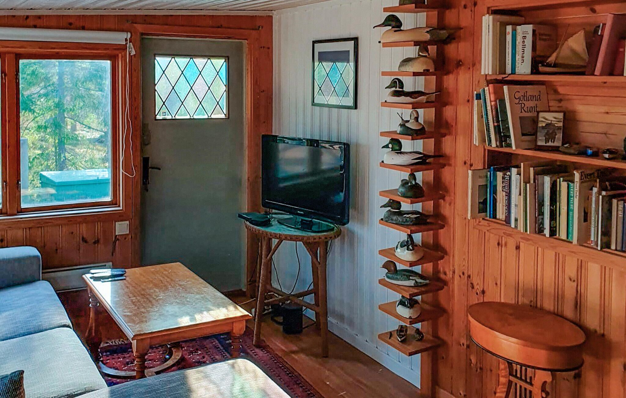 A cozy cabin interior with a wooden interior, a television on a table, a bookshelf, and a window with a view of trees.