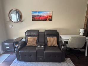 Smart TV, fireplace, video library