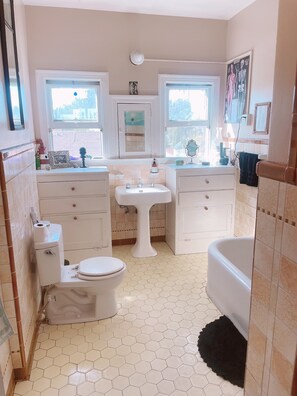 Hair dryer, towels, soap, toilet paper