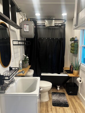 Hair dryer, bidet, towels, soap