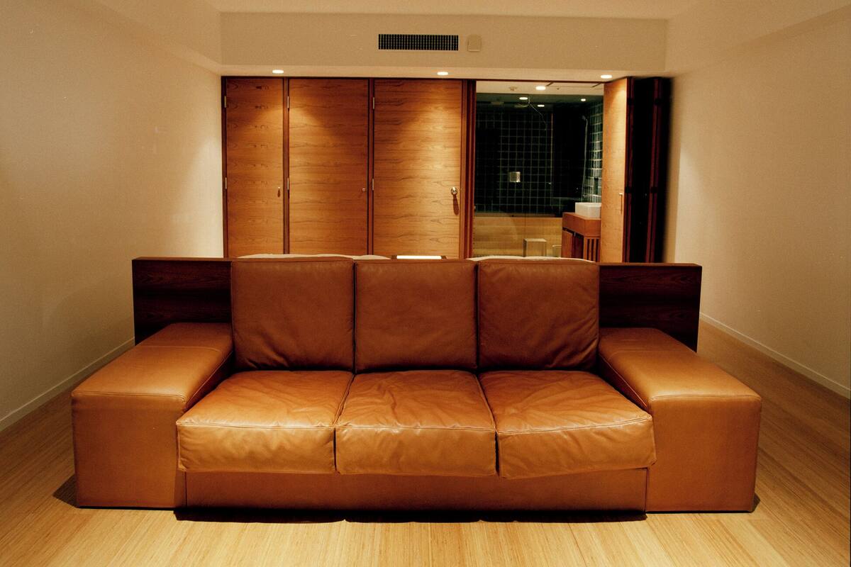 A modern living room with a brown leather sofa, wooden wardrobes, and a view of a bathroom.