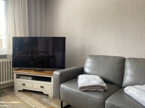 Una sala de estar moderna con un sofá de cuero, un televisor de pantalla plana sobre un mueble de madera y un radiador.
