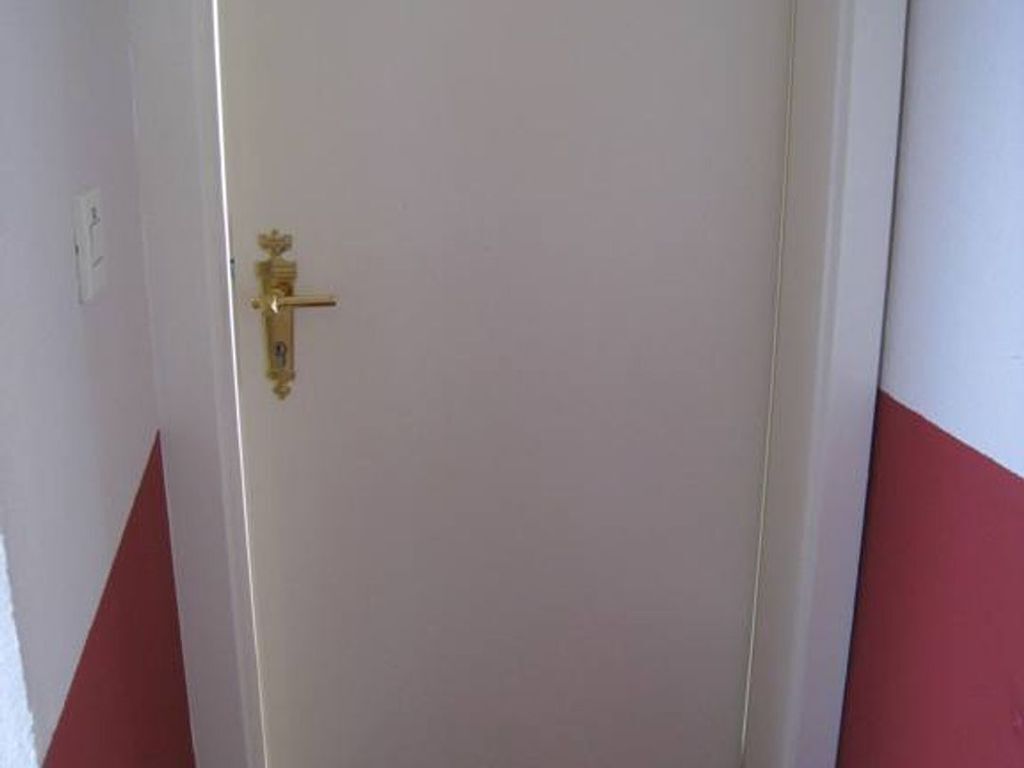 A closed door with a brass handle and a white wall with a red stripe.