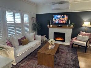 Smart TV, fireplace, books