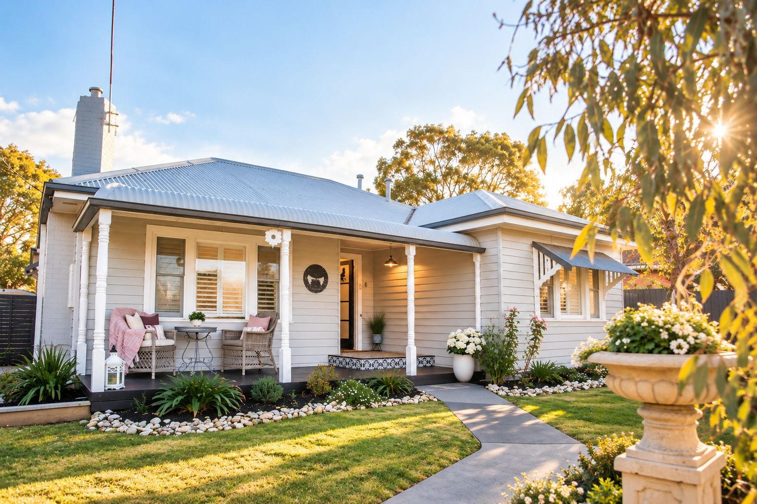 A house with a covered porch, a dining area with outdoor furniture, and a well-maintained garden.