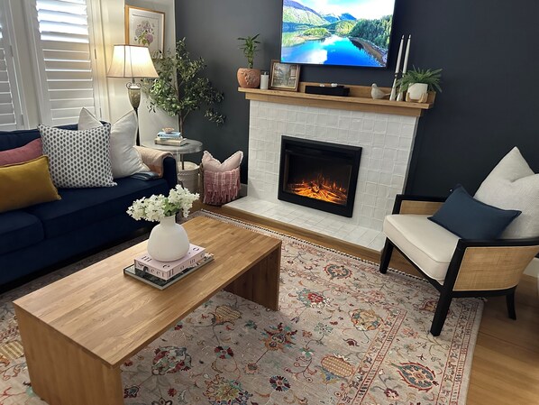 Smart TV, fireplace, books