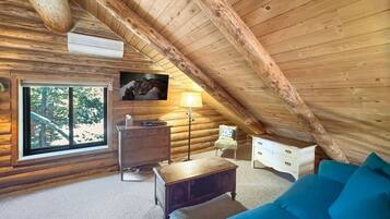 Een smart-tv, een open haard, een dvd-speler en boeken