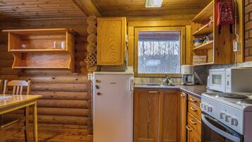 Una cucina compatta in una baita di legno, con mobili in legno, un frigorifero, un forno a microonde e un piano cottura.