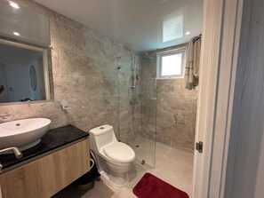 Hair dryer, towels, soap, toilet paper