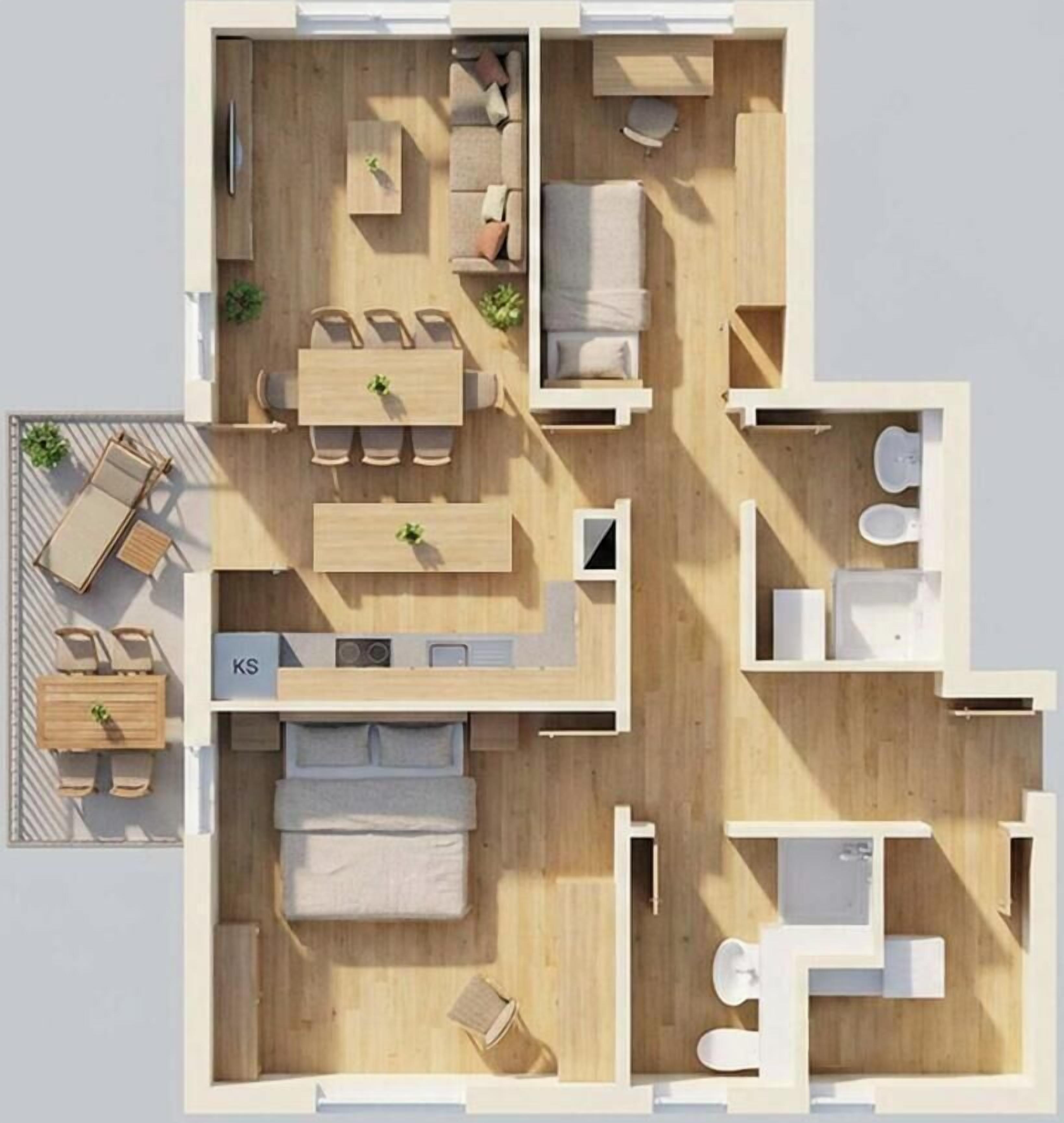 Ein Grundriss einer kompakten Wohnung mit Wohnbereich, Essplatz, Küchenzeile und kleinem Badezimmer.