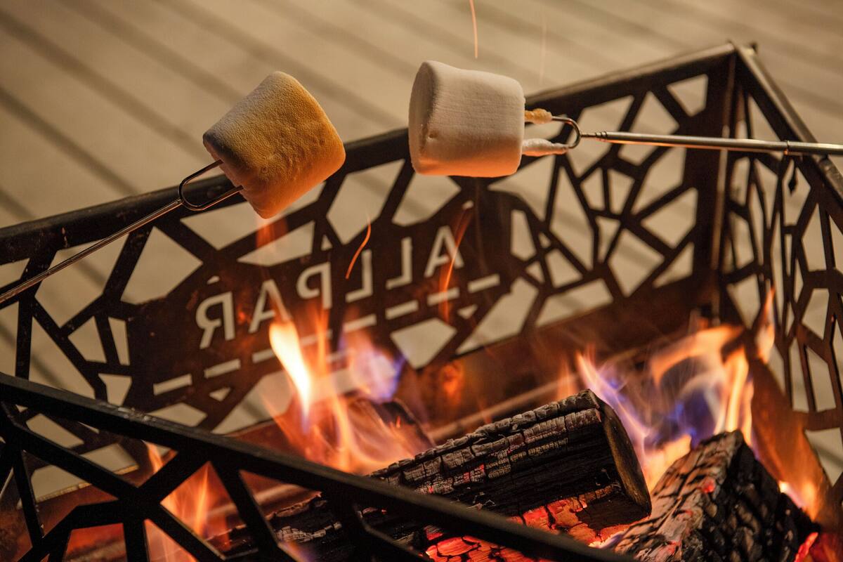 A grill with two marshmallows being roasted over a fire.