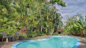 Una piscina rodeada de exuberante vegetación tropical, con dos sillas de plástico y una estructura pequeña al fondo.