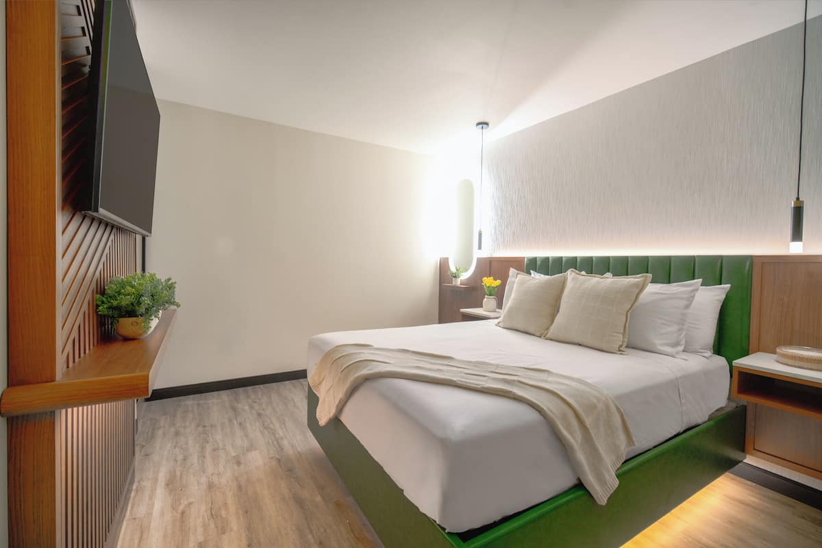 Une chambre d’hôtel moderne avec un mur d’accent vert, un grand lit avec du linge de lit blanc, une table de chevet avec une lampe et une petite plante posée sur une étagère en bois.