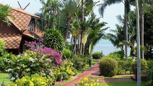 Un sendero bordeado de plantas tropicales y un edificio de madera con techo de tejas.